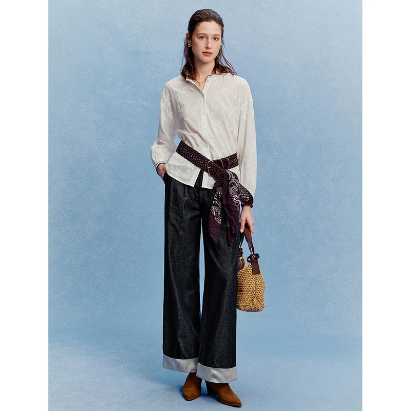 INMAN بلوزة مطرزة بياقة مكشكشة فرنسية من القطن الخالص لخريف 2025 بلوزة نسائية جديدة فضفاضة بأكمام طويلة أنيقة |   عصرية كاس