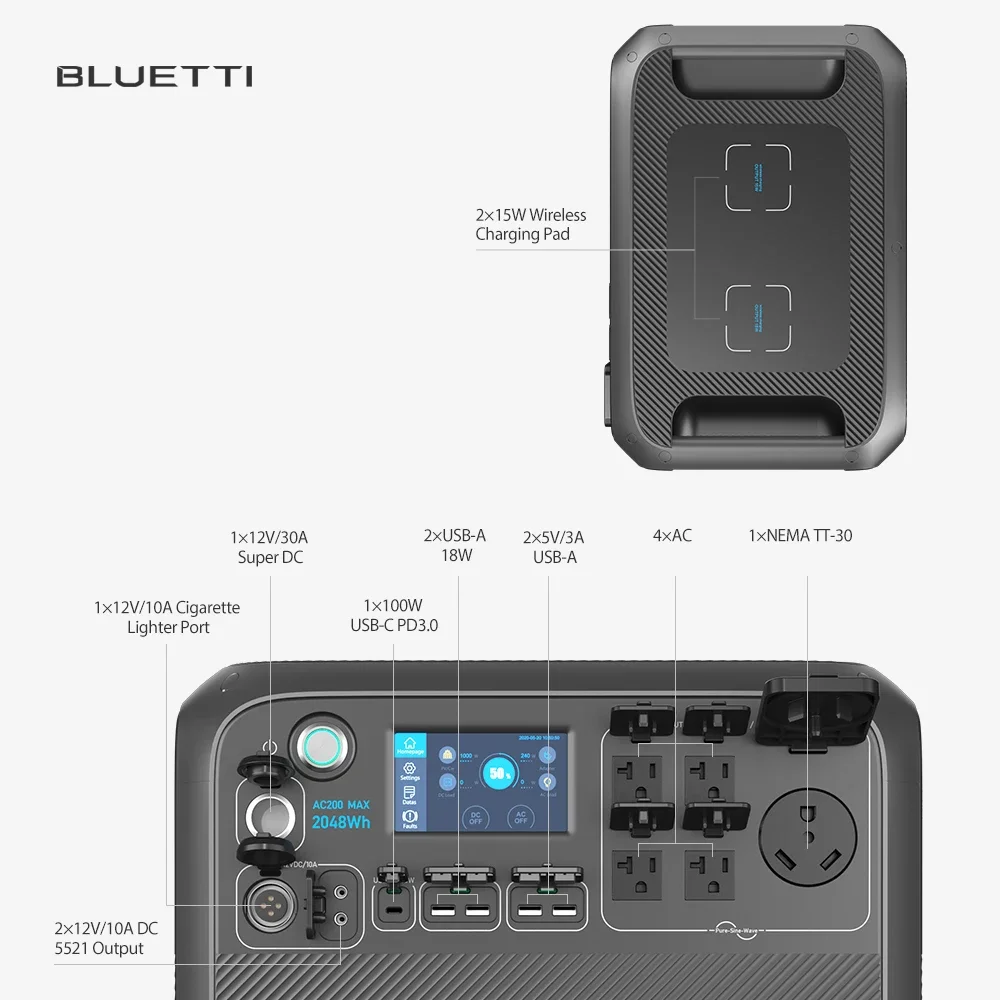 BLUETTI New Trends Best Selling Rechargeable 1000w 2000w 3000w 220v 110v Portable Solar Power Station AC200MAX 2200W 2048Wh