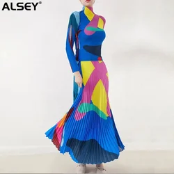 ALSEY Miyake Pleated Female Suit Slim Fashion Print Stand Collar Long Sleeve Top+Loose Skirt Casual Two Piece Set for Women