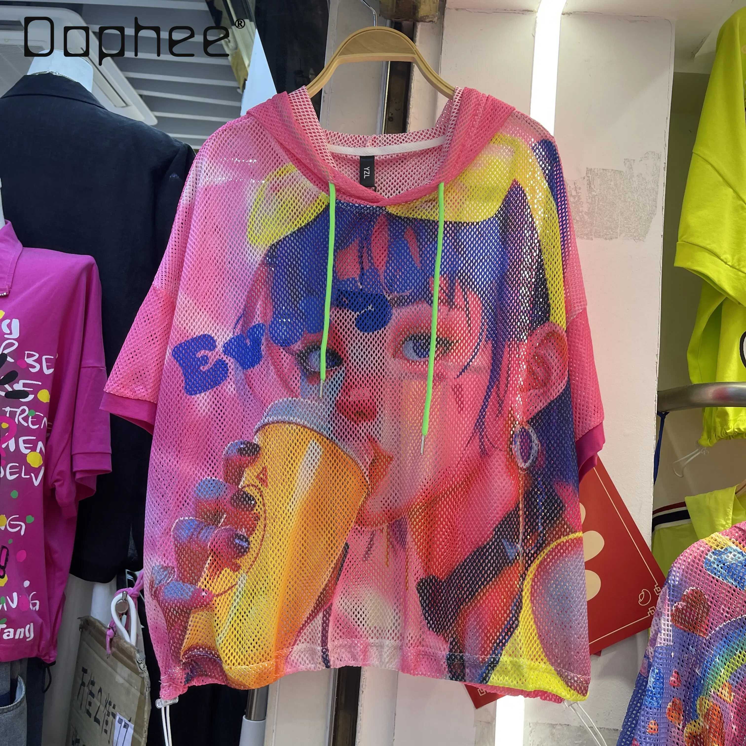 

European Hooded Short-sleeved Tee 2026 Summer New Cartoon Hoodie Loose Fashion Casual Color Mesh T-shirt Women
