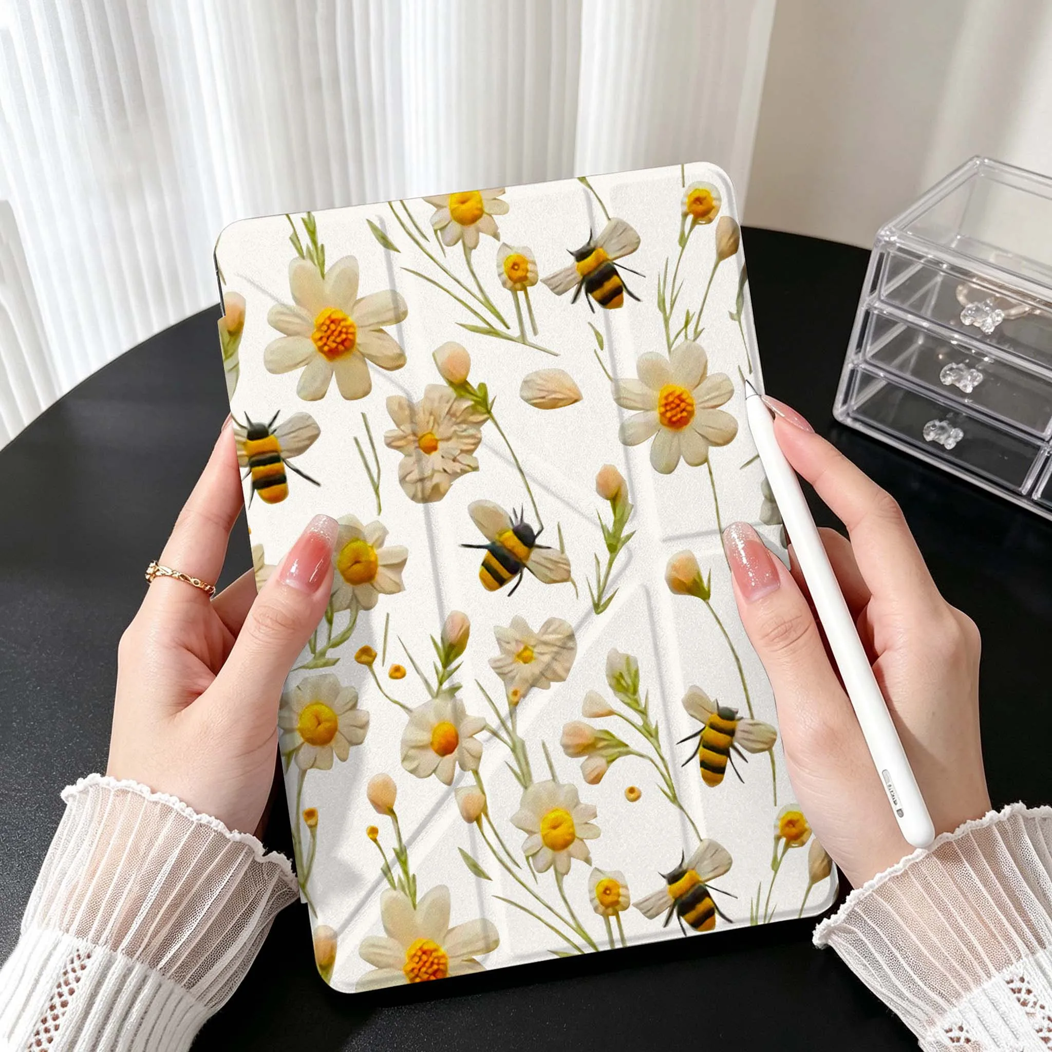 Daisy Bee Pattern Case For Samsung Galaxy Tab A9 A8 A11 S6 S7 S8 S9 S10 FE Plus Lite Transparent Y-Shaped Folding Tablet