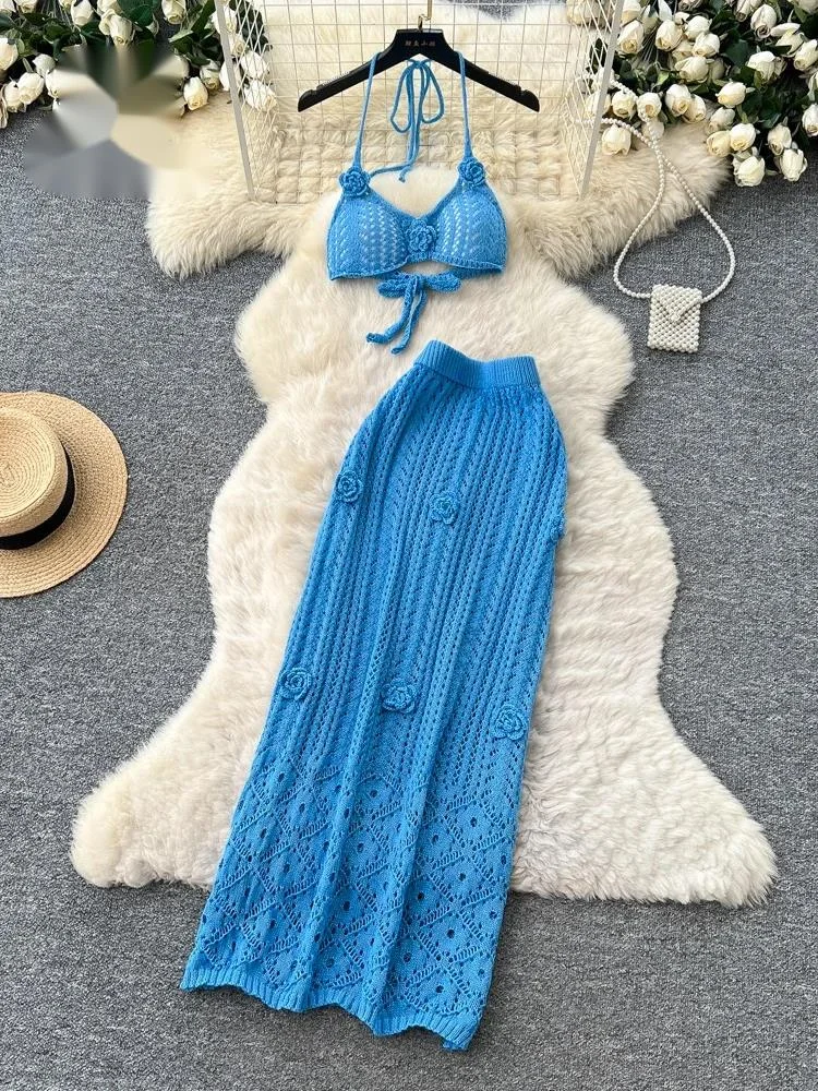 

Summer Feminine Beach Suits Halter Lace Up Crop Top+Bohe Long Skirts Vacation Hollow Out 3D Floral Sexy 2Pcs Sets