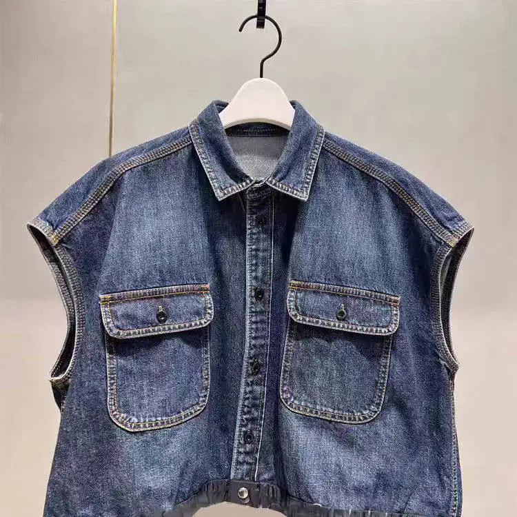 

SAC lapel drawstring casual sleeveless solid color short denim vest jacket