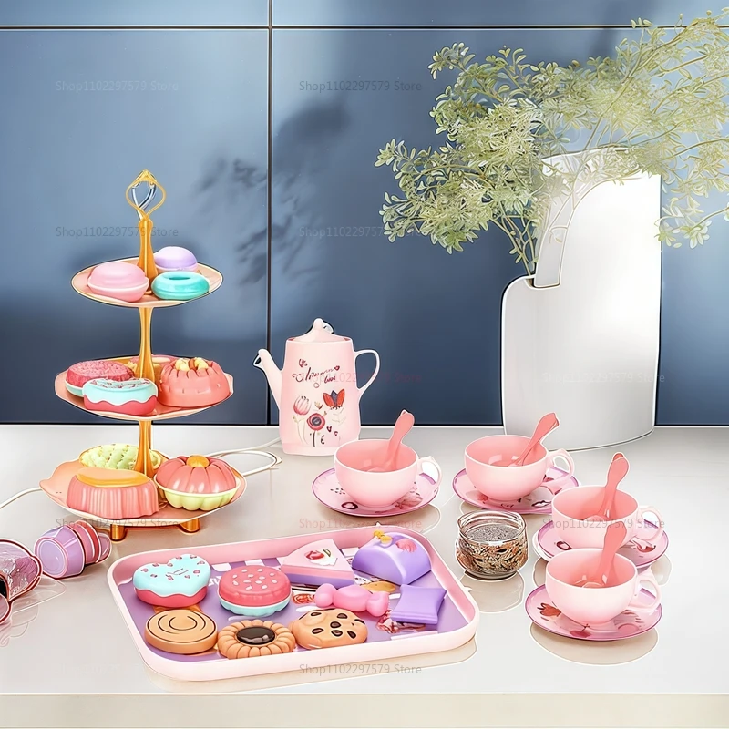 Juego de simulación de tiempo de té de la tarde para niña pequeña, juguete de cocina con postres falsos, Donuts, galletas y taza de té, regalo de juego de rol de princesa