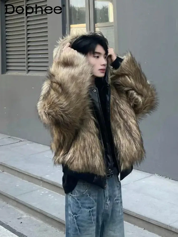 

Male Fur Integration Double-Sided Wear Faux Leather Jackets Men 2025 Winter New Hooded Faux Fur Parkas Trendy Long Sleeve Parkas