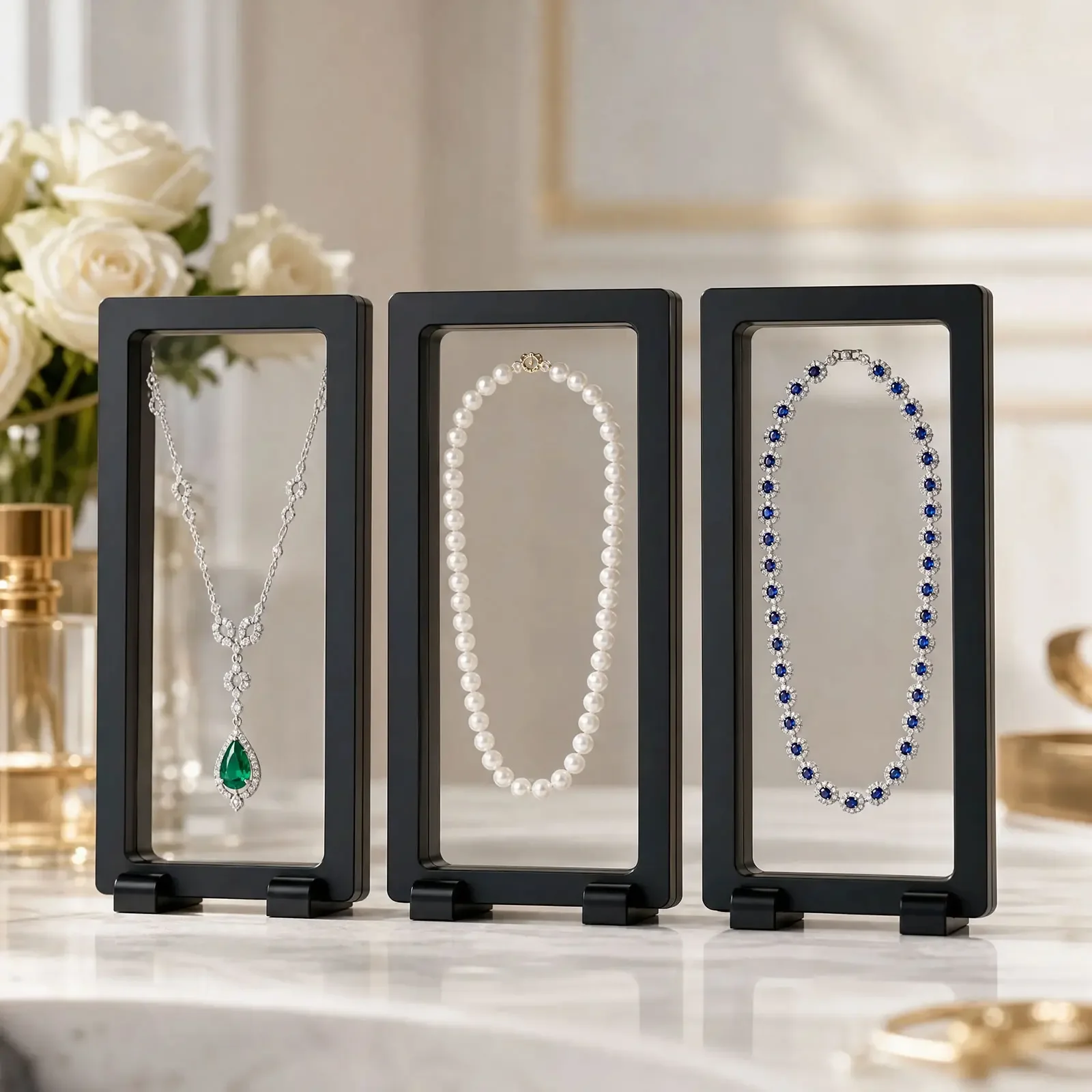 10Pcs PE Film Jewelry Display Box 3D Floating Transparent Floating Frame Membrane Ring Earring Pendant Necklace Storage Stand