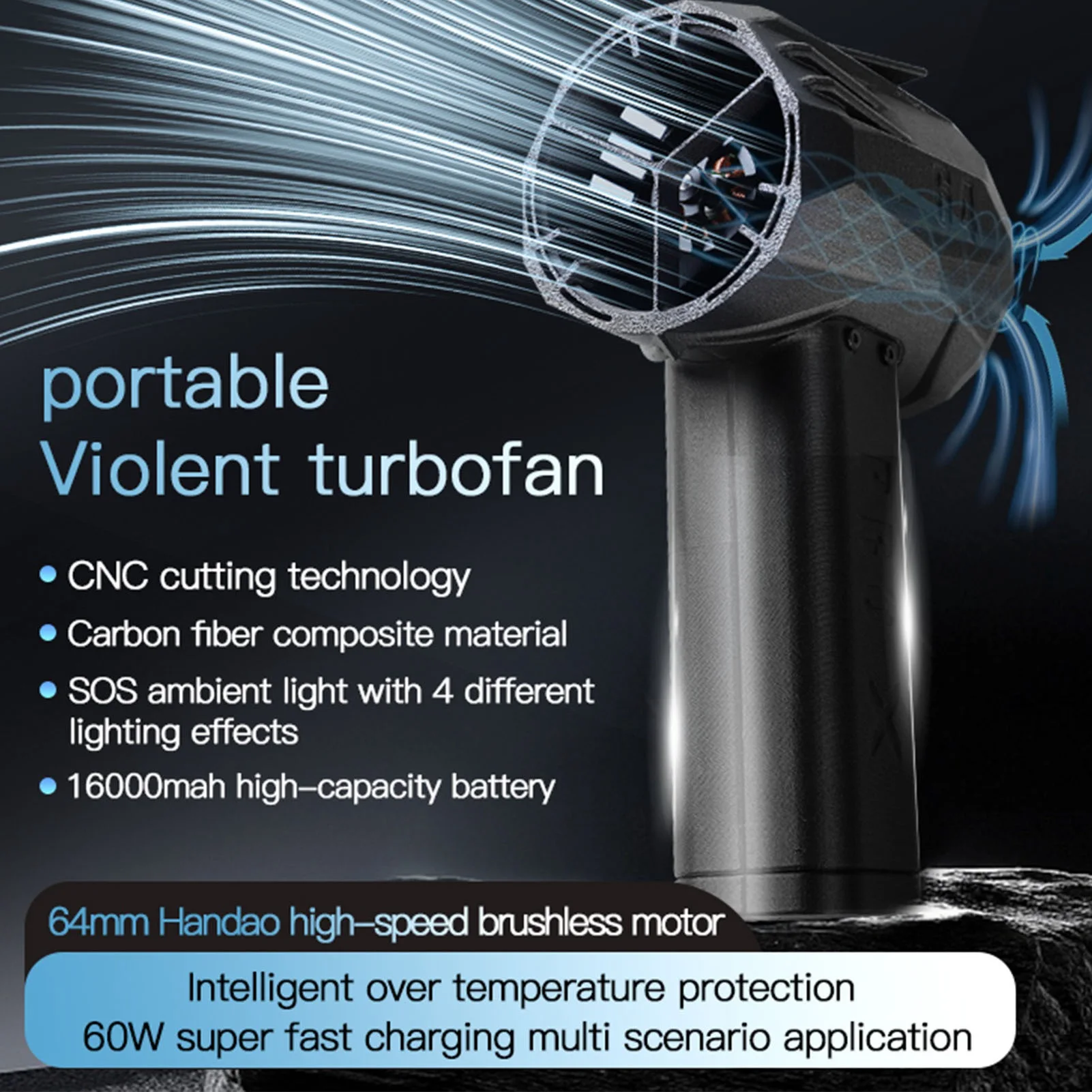 Turbo Ventilatore Motore Brushless 64mm Spinta 1500g 60W Ricarica Regolazione continua della velocità Potente Turbofan per Soffiare la neve