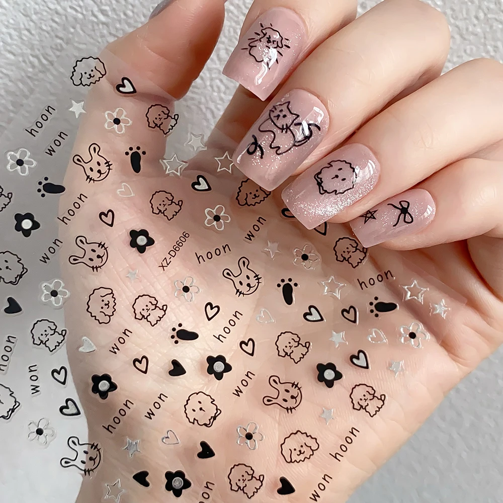 12Pcs Cartoon Black Cat Dog Nail Art Sticker Cute Graffiti Animal Cat Dog Adhesive Sliders 3D Star Heart Bowknot Manicure Decals
