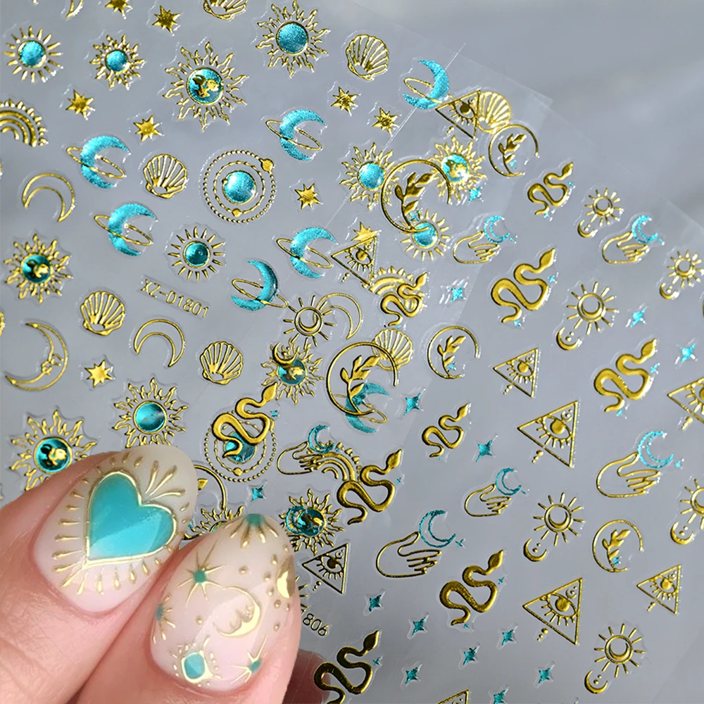 6pcs 5D Shinny Blue Gem Love Heart Nails Sticker Gold Snake Sun Stars Moon Crown Nail Decals Diamond Gems Bohemia Manicure Decor