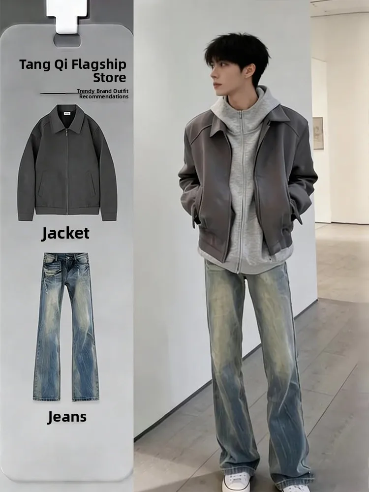 

Американский стильный комплект: куртка и джинсы для мужчин – стильный деним-костюм для создания эффектного образа, широкие брюки.