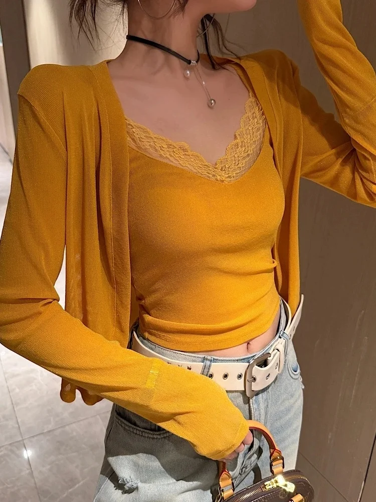 

Yellow V-Neck Lace Splice Long Sleeve Vest Top Women's Spring Summer New Sun Protection Layering Set High Waist Pant Not Incl...