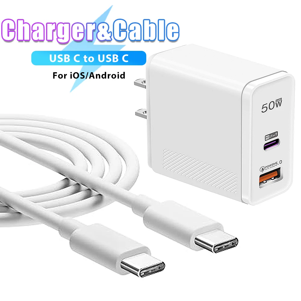 

50W USB A Type C Charger Fast Charging Cable For iPhone 16 15 14 13 12 Pro Max Data Cord For Samsung HUAWEI Xiaomi Wall Charger