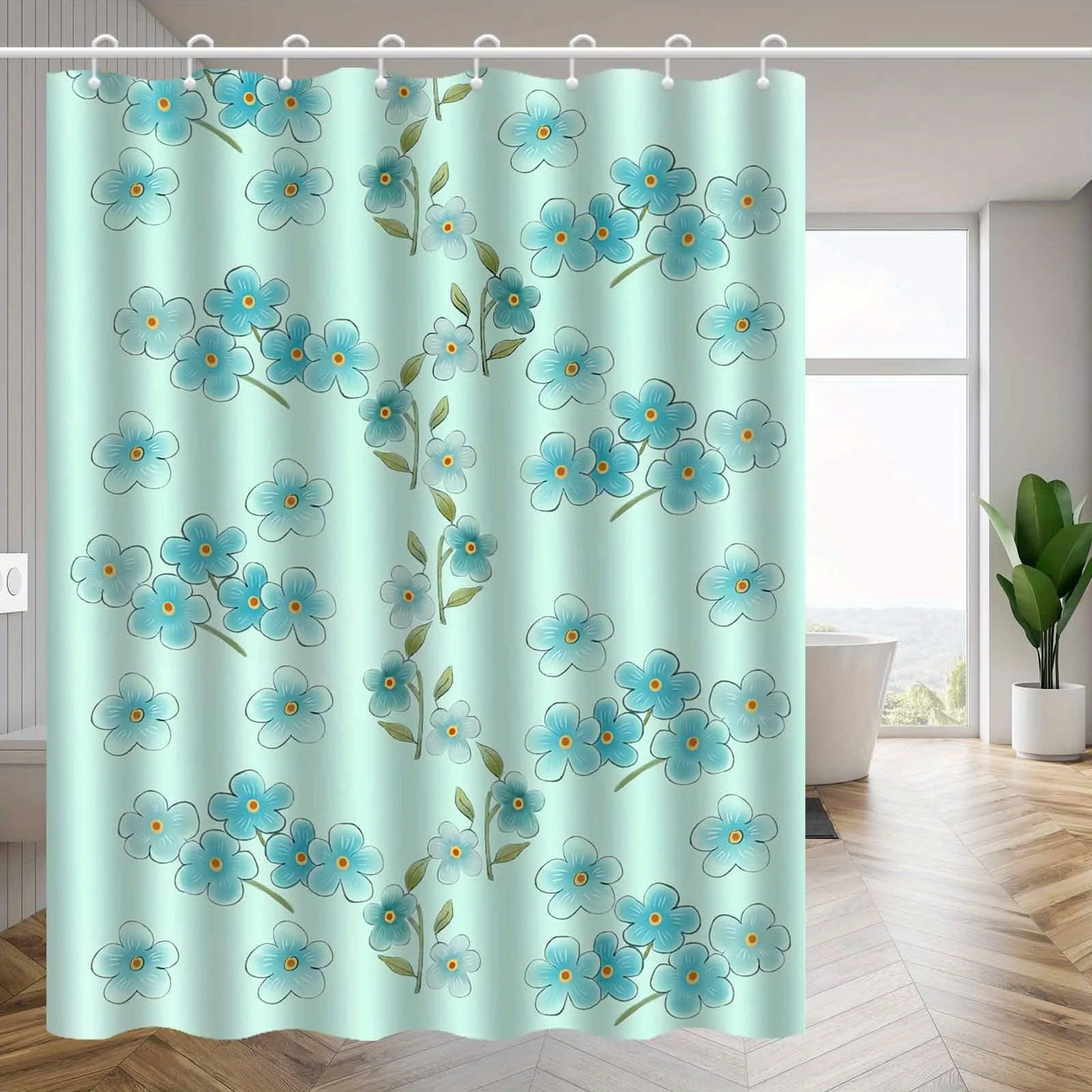 

1 шт. свежая занавеска для душа с синим цветочным узором, из полиэстера, которую можно стирать в машине, подходит для использования в ванной комнате.