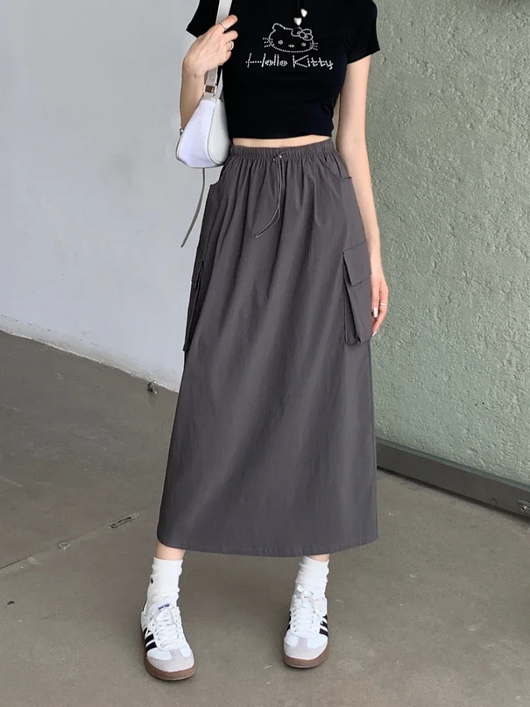 Skirts Women Nostalgic Vintage Temperament High Waist Autumn All-match Korean Style Pockets Hotsweet Streetwear Midi A-line New