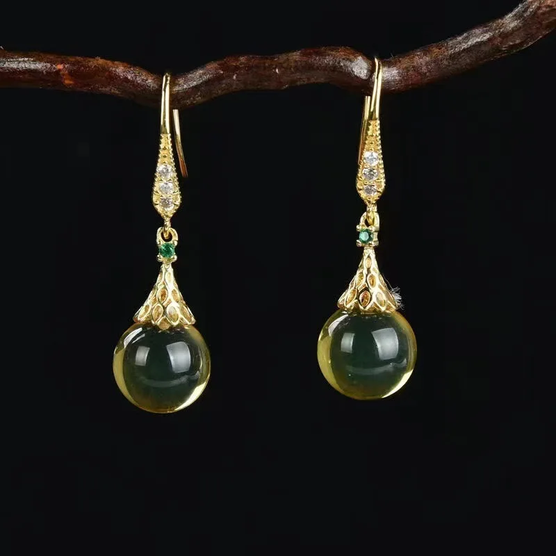 

Natural Mexican Blue Amber Retro Women's 925 Silver Earrings Classical Jewelry Gift