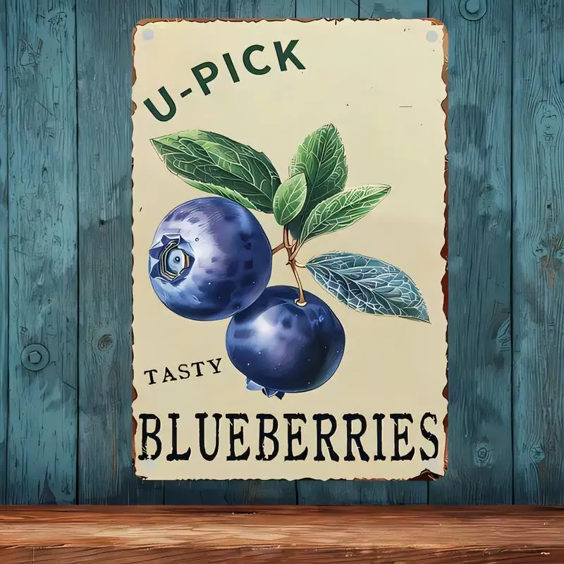 Vintage U - PICK Tasty Blueberries Metal Tin Sign, Retro Blueberry Wall Decor - Iron, Rustic Art for Farmhouse, Kitchen, Cafe De