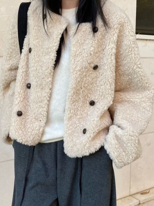 Retro Casual Zweireiher Lamm Pelz ort Mantel frauen Kleine Größe Nette Anti-Aging runde Ne Top Koreanische sle Lose Fit