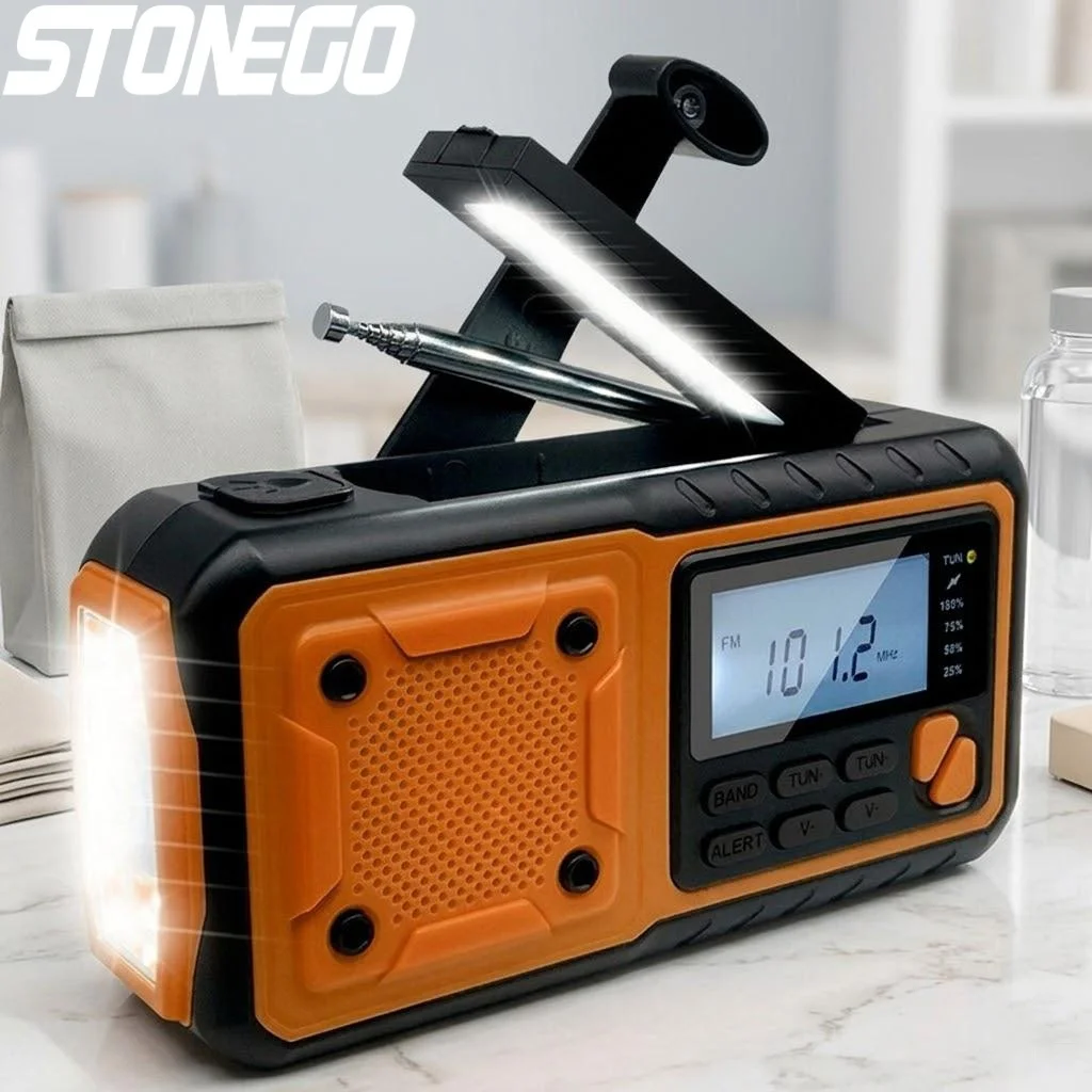 

Солнечная ручная метеорологическая радиостанция AM/FM на 4000 мАч с LED-фонариком, повербанком и аварийным зарядным устройством для телефона, для кемпинга и выживания на природе