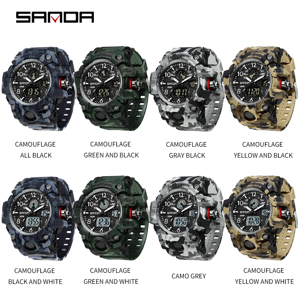 SANDA 3358 Camouflage LED Digital Watch Outdoor Electron Male Wristwatch Display Quartz Men Clock Sports Military Mens Watch