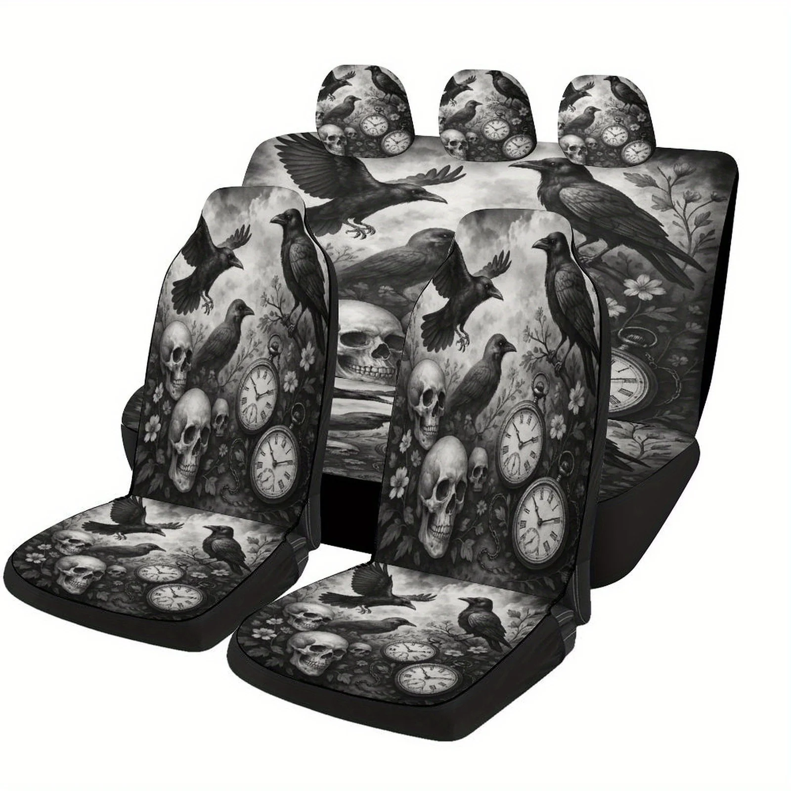 Crows And Skulls With Pocket Watches Themed Car Seat Cover Set For Most Cars, Fashion Personalized Novelty Car Seat Protector Co