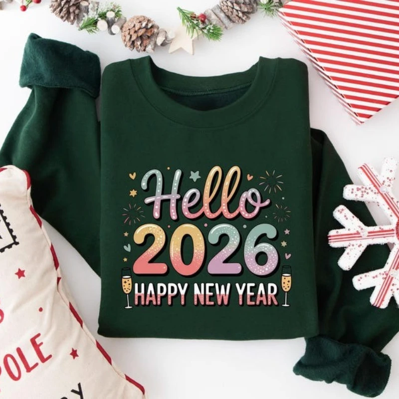 مرحبا 2026 سنة جديدة سعيدة حفلة عيد الميلاد عطلة هدية ريترو احتفالي الشتاء البلوز طويلة الأكمام الحرارية هوديي للجنسين البلوز