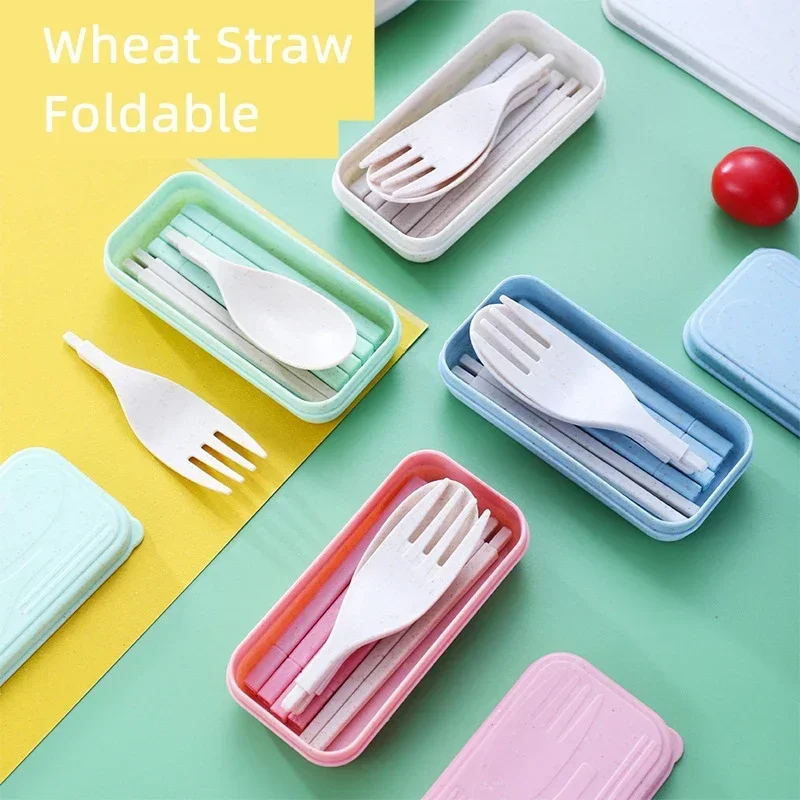 4PCS/Set Wheat Straw Cutlery Foldable Spoon Fork Chopsticks Tableware Students Dinnerware Kitchen Use Travel Portable With Box