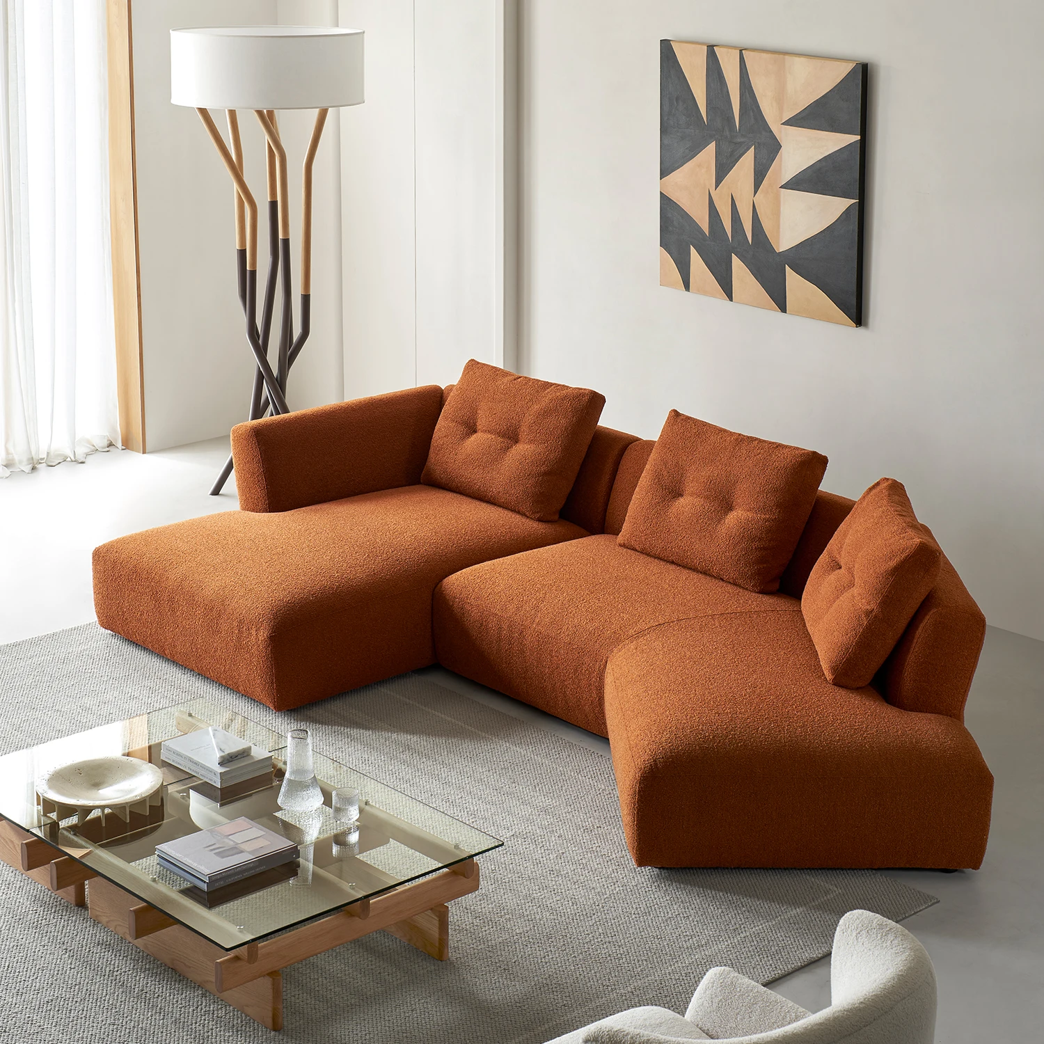 Sitting and Forgetting Fabric Art Sofa in Silent Wind, Caramel Color, Modern and Simple Living Room, Distinctive Corner