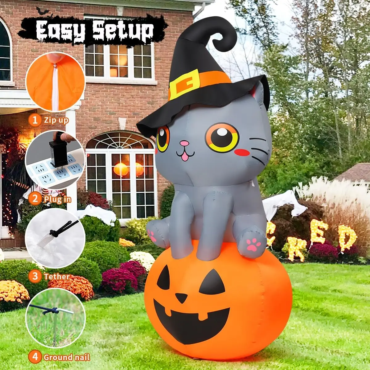 6 FT Halloween Cat Wizard Sitting Pumpkin Inflatables Cute Outdoor Indoor Garden Lawn Yard Decorations Built-in Parties