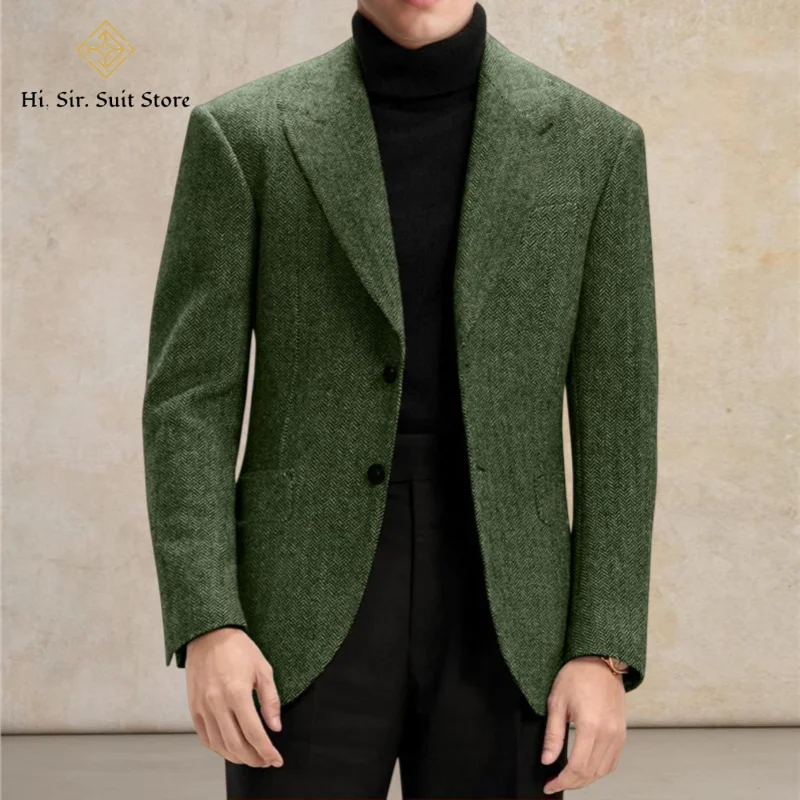 

Мужской пиджак в стиле ретро из твида с узором «елочка», шерстяной смесовый, на 2 пуговицах, с острым лацканом, для свадьбы, выпускного вечера, деловых встреч