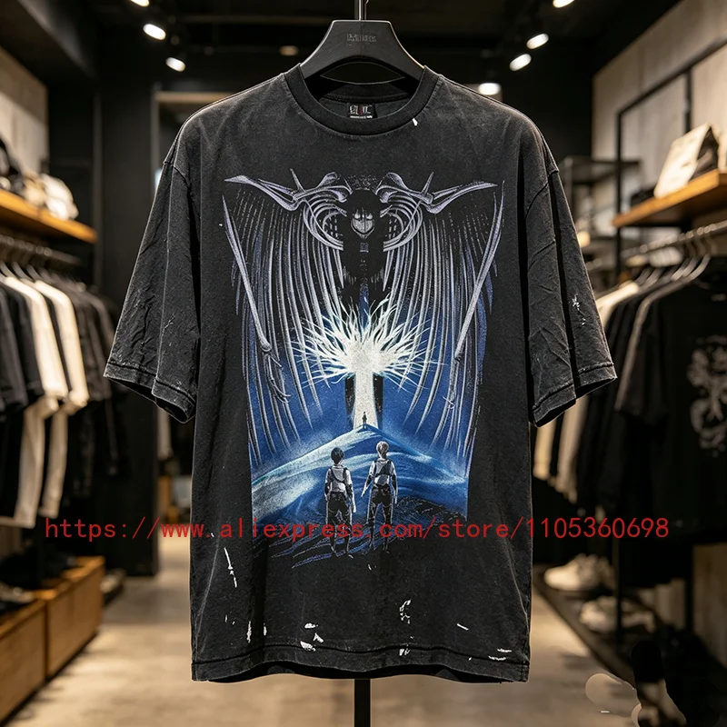 New SAINT Men's T-Shirt Retro Blue Gradient Dark Wing Skeleton Graphic Black Casual Tee Top Fast Delivery