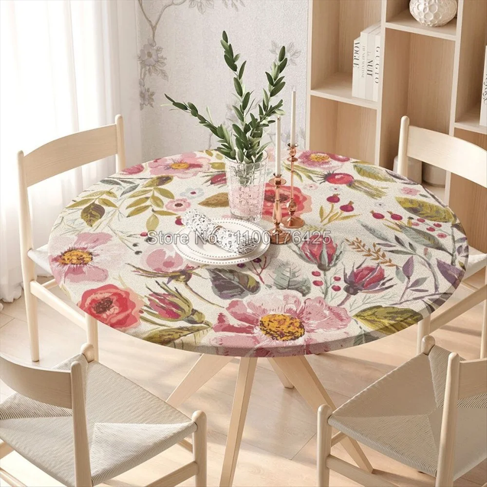 3D Printed Flower Round Tableclothes for Dining Table Floral Pattern Fitted Table Protector Cover Elastic Edge Cute Desk Decor