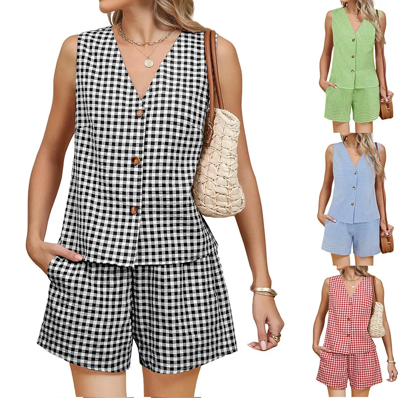 

Fashion Linen Checked Tank Shorts Women's Suit Summer New Casual Loose Shorts Pocket Beach Vacation Female 2-piece Set 2025