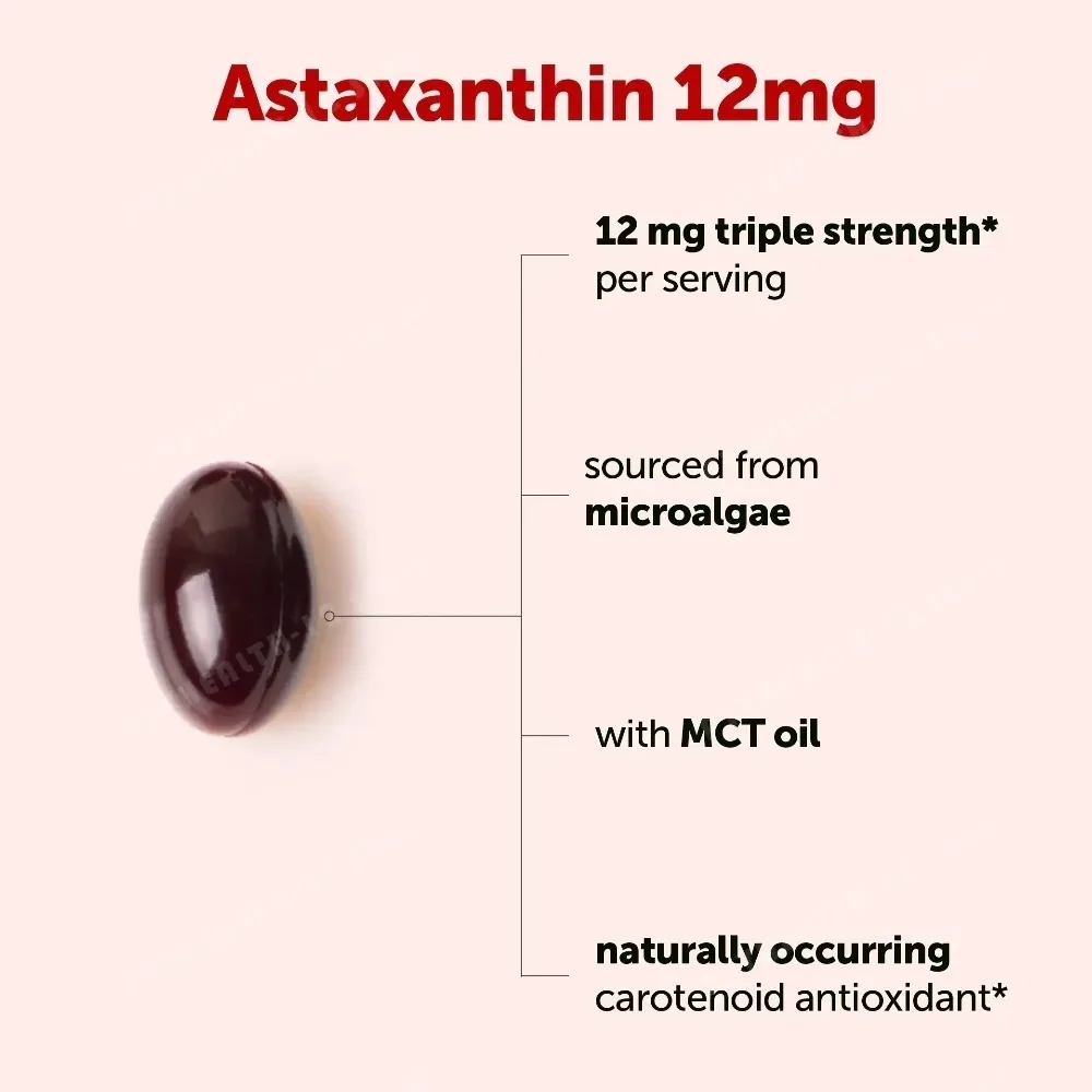 Astaxanthin 12mg Softgels Triple Strength Eye Health Skin Health Microalgae MCT Oil Soy Free Dairy Free Gluten Free 120 Softgels