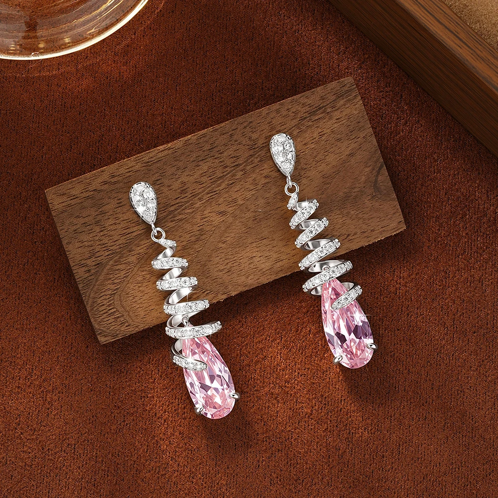Rrjzz Sparkling Pear 8x18mm Pink Morganite Spiral Drop Earrings Moissanite Vintage Sweetness Women Dangle Earrings Jewelry Gifts 2