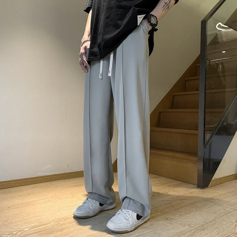 Gray/Black Spring Summer Ice Silk Straight Pants Men's Pleated Loose Casual Mopping Trousers Trend Daily Streetwear Harem Pants