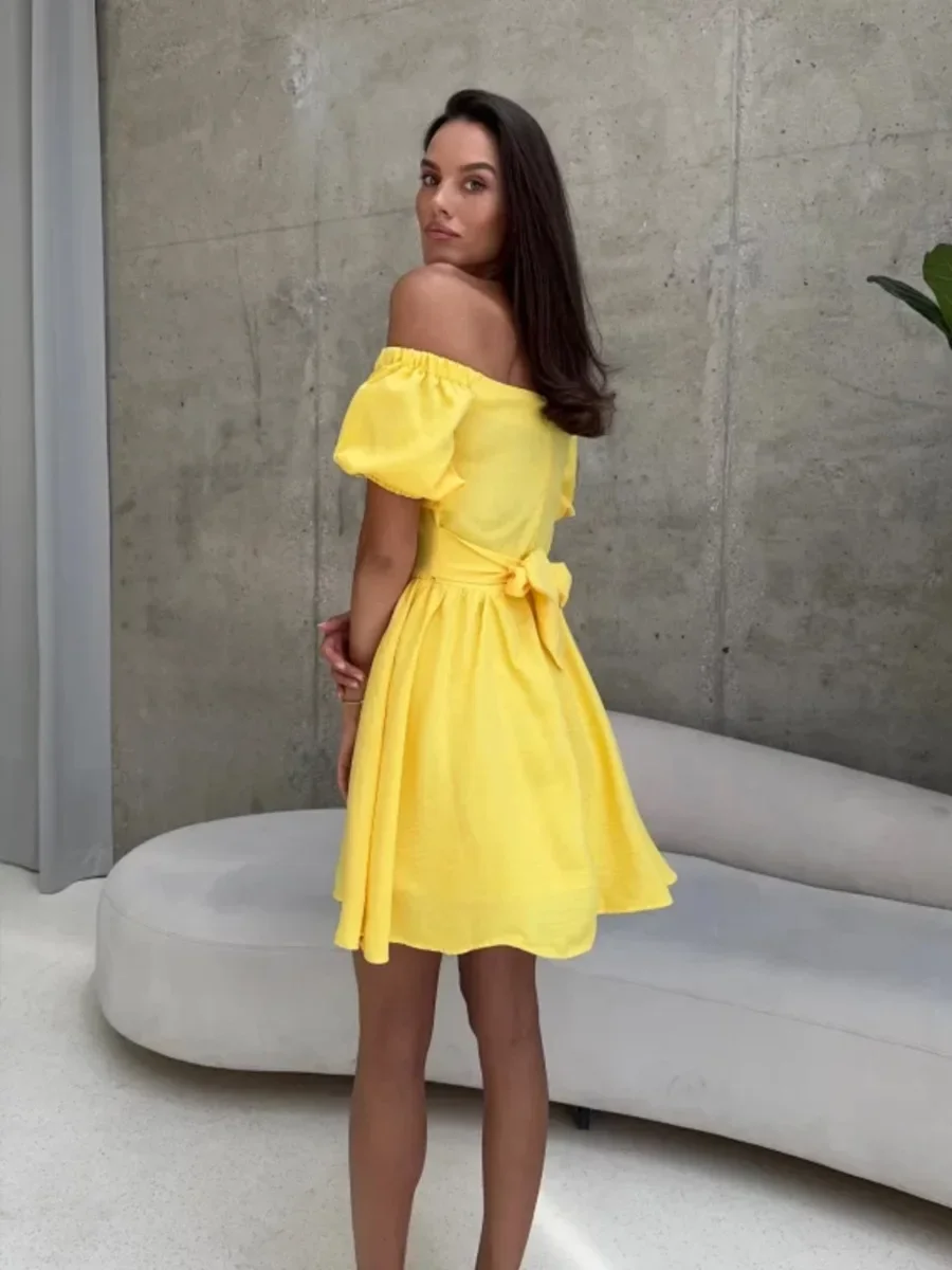 Blubelle One Shoulder Short Sleeved Dress Women's Summer New Lace Up Waist Cinching Short Skirt Fashion Bubble Sleeve Dress