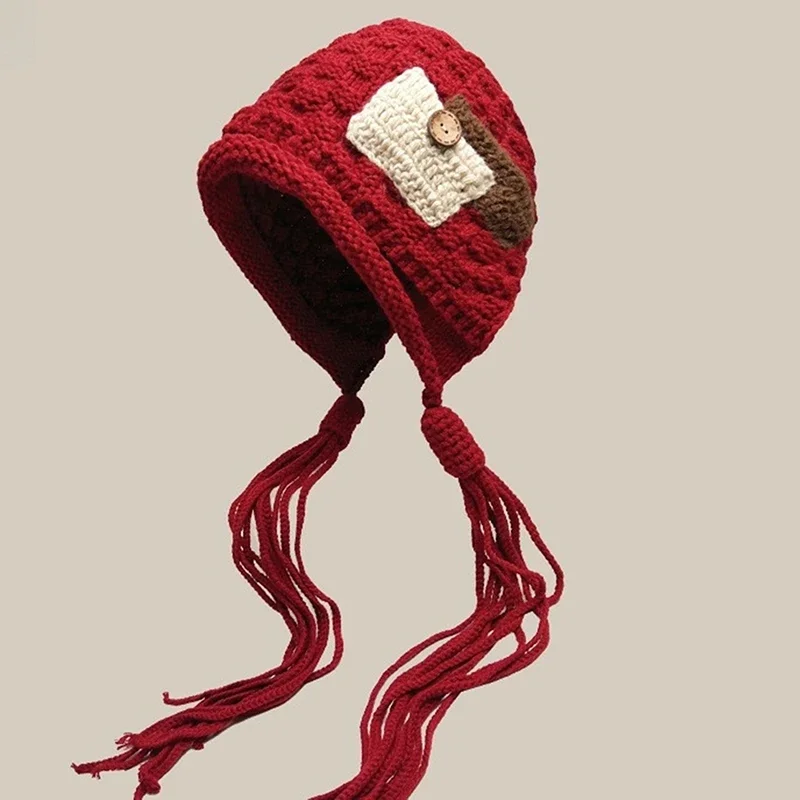 قبعة محبوكة يدوية للنساء شتاء دافئ قبعة حماية الأذن سيدة أنثى الكورية الكروشيه البلوز القبعات