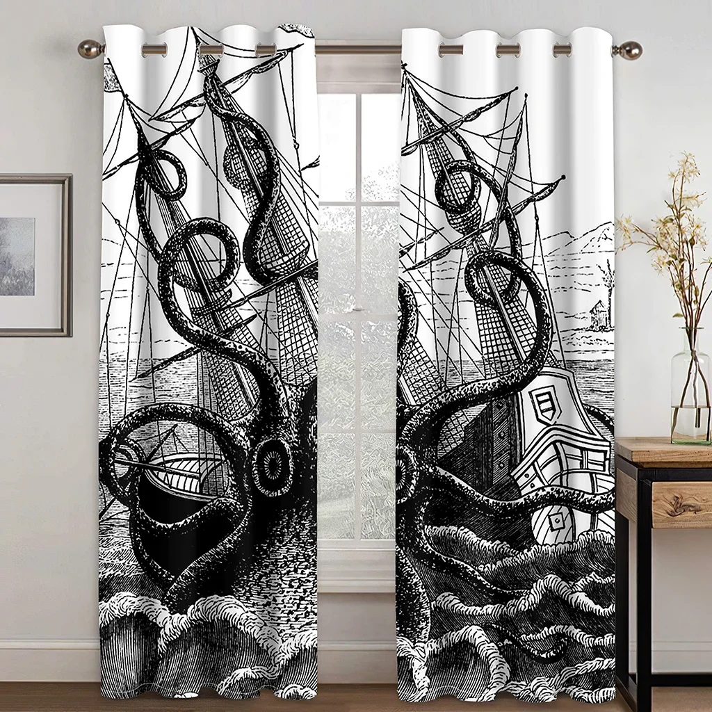 

Ship Black and White Octopus Sea Monster Cheap 2 Pieces Free Shipping Thin Curtain for Window Drape Living Room Bedroom Decor