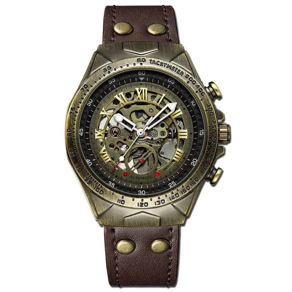 UTHAI Retro Men Watch Business Waterproof Bronze Automatic Mechanical Machine Watch Leather Strap Male Fashion Clock Wristwatch