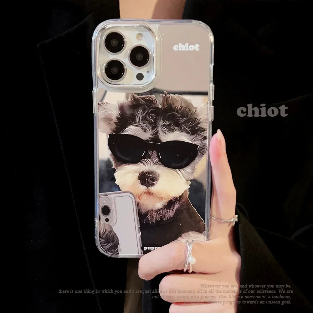 Schnauzer puppy Funny Sunglasses dog Plating Mirror Phone Case For iPhone 16 15 14 13 12 Pro Max 16Plus Case Cute luxury Cover