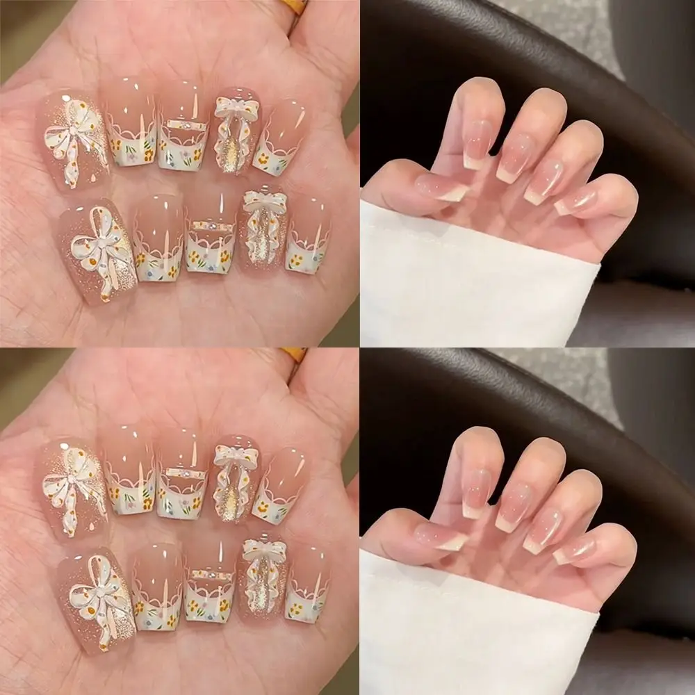 24pcs Detachable Ballerina False Nails Bow Cat Eye Nail Tips Full Cover Creamy Yellow French Edge Press on Nails DIY