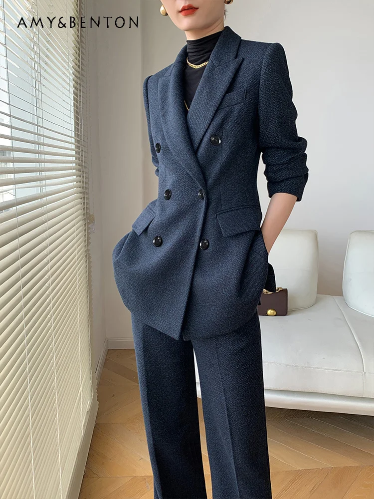 British Style Suit Women Autumn Winter New Temperament High End Professional Thickened Woolen Suit Straight Pants Two-piece Set