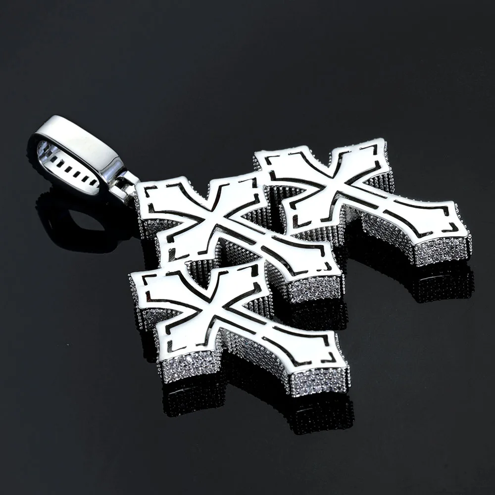 Hip Hop Jewelry Classic Retro Iced Out Three Cross Crystal Pendant Big Size Shiny Baguette Diamond Charm Cross Pendant