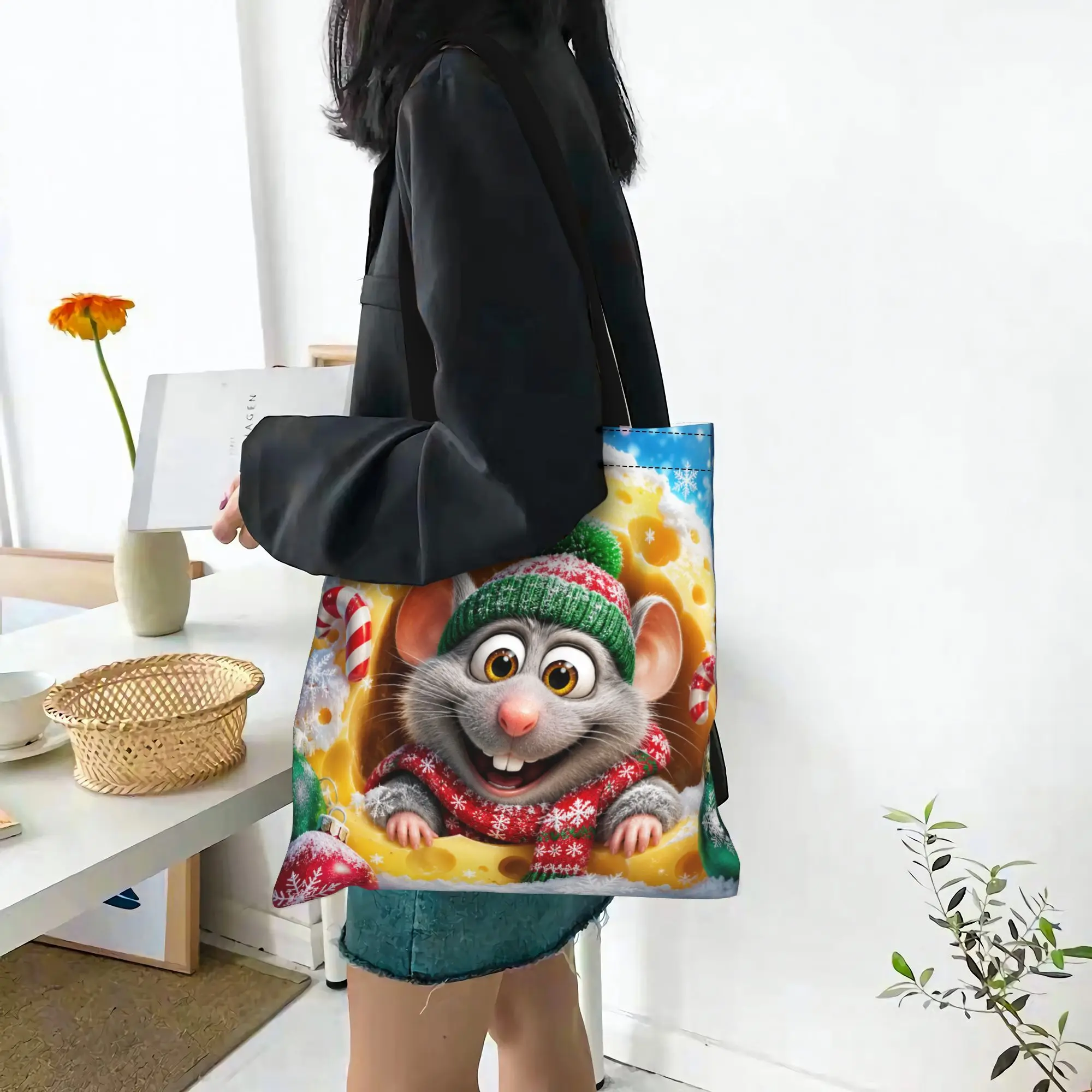 Customized Cute hamster theme Women's Bag Shopping Bag Reusable Double Sided Canvas Tote Bag Shoulder  Handbag Its bags