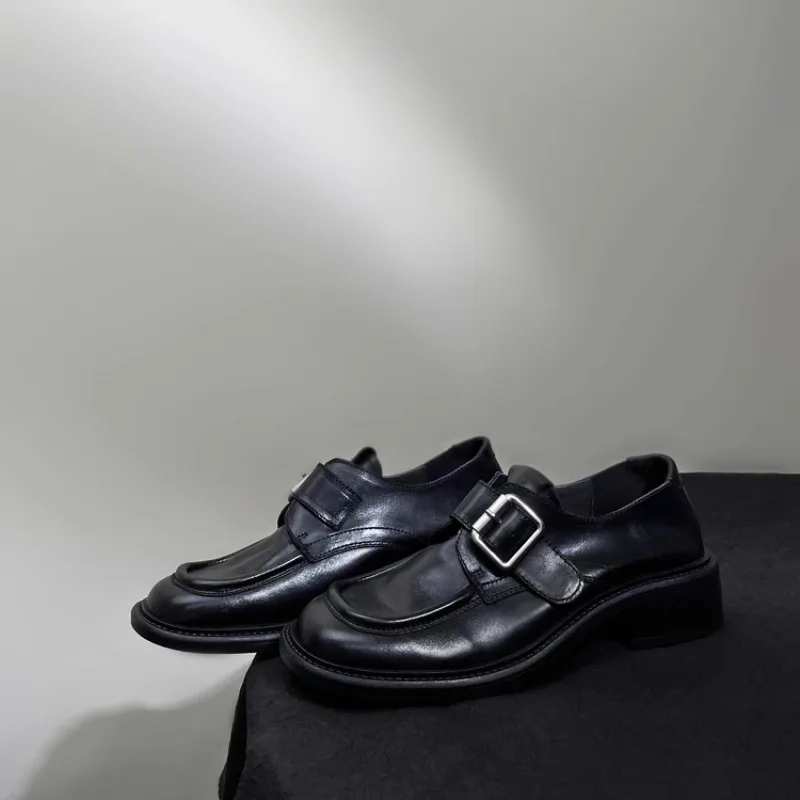

New Black Genuine Leather Men's Shoes Casual Loafers Fashion Belt Buckle Square Toe Dress Work Oxfords Female Leather Shoes