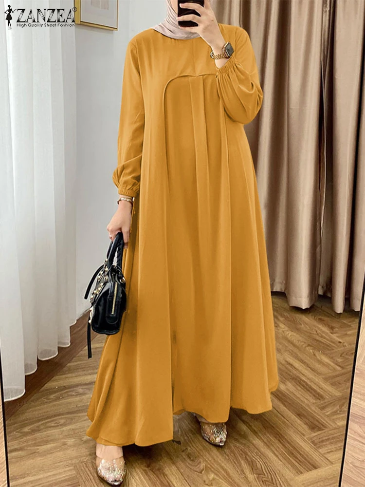 Eid Mubarek Muslim Dresses Abaya 2025 ZANZEA Fashion Women Long Lantern Sleeve Pleated Sundress Robe Femme Islamic Hijab Dress 2
