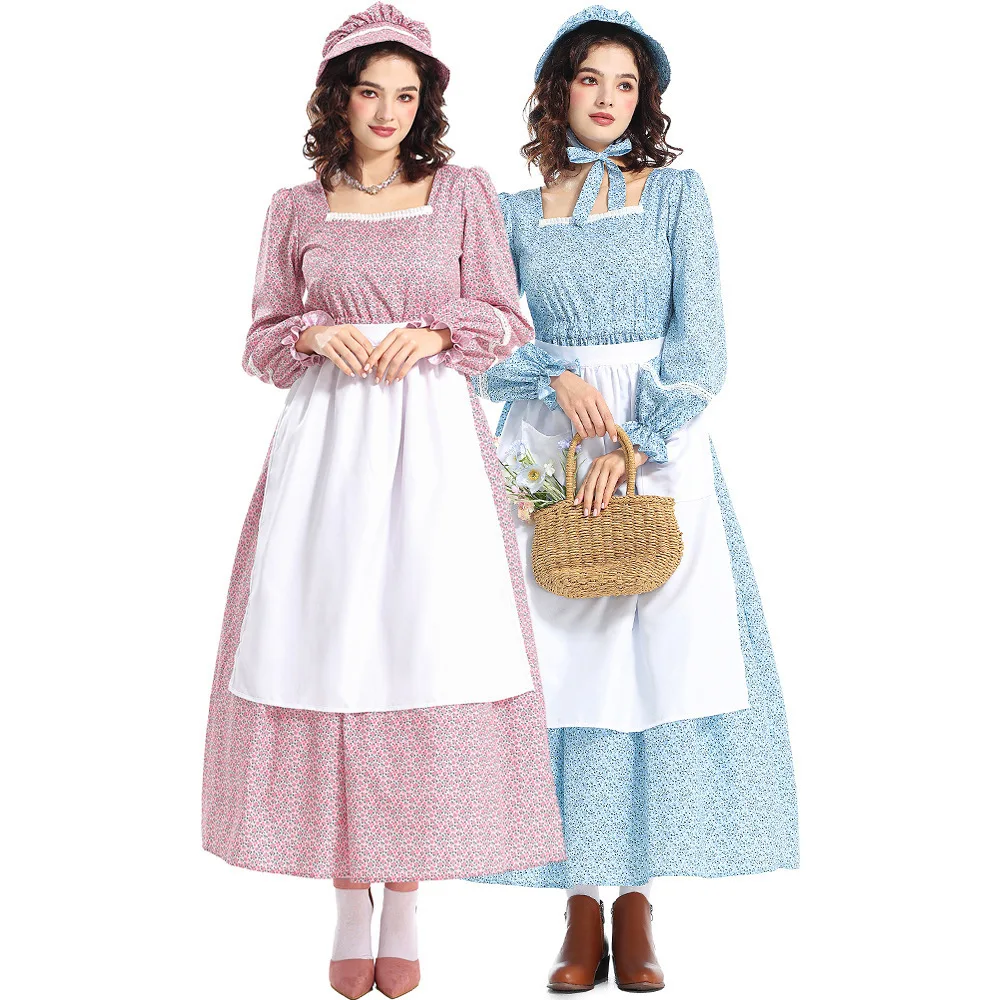 Women Floral Prairie Dress Vintage Farm Maid Costume Long Sleeve Maxi Dress Apron Bonnet Halloween Carnival Fancy Dress PS66