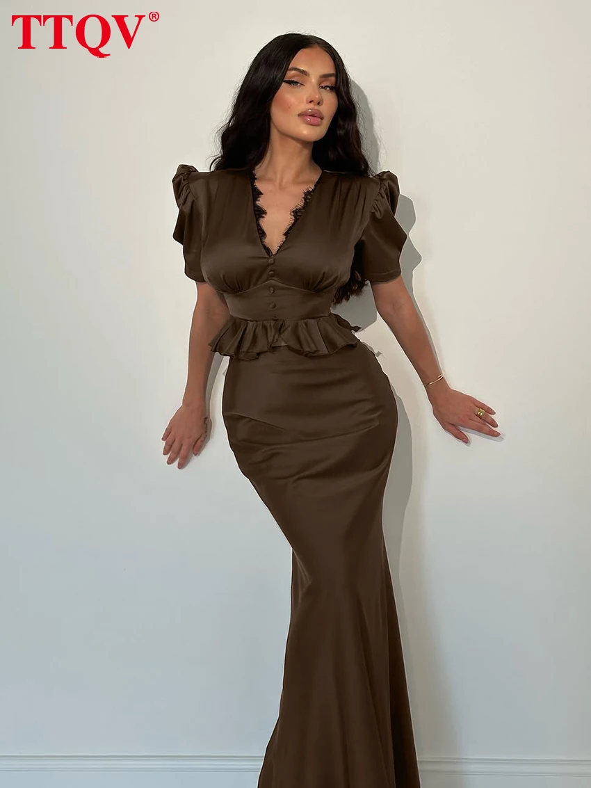 TTQV Summer Slim Brown Satin Women's Two Pieces Set 2026 Sexy Short Sleeve Shirt With High Waist Maxi Skirt Set Female Clothing image 2
