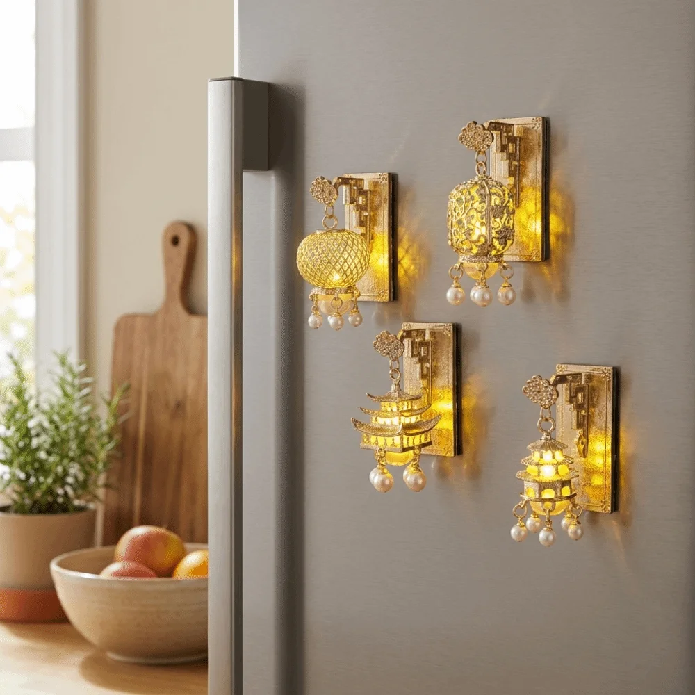 Light Up Lantern Fridge Magnet New Chinese Style Pearl Embellishment Pavilion Fridge Magnet Tassel Pendant Palace Style