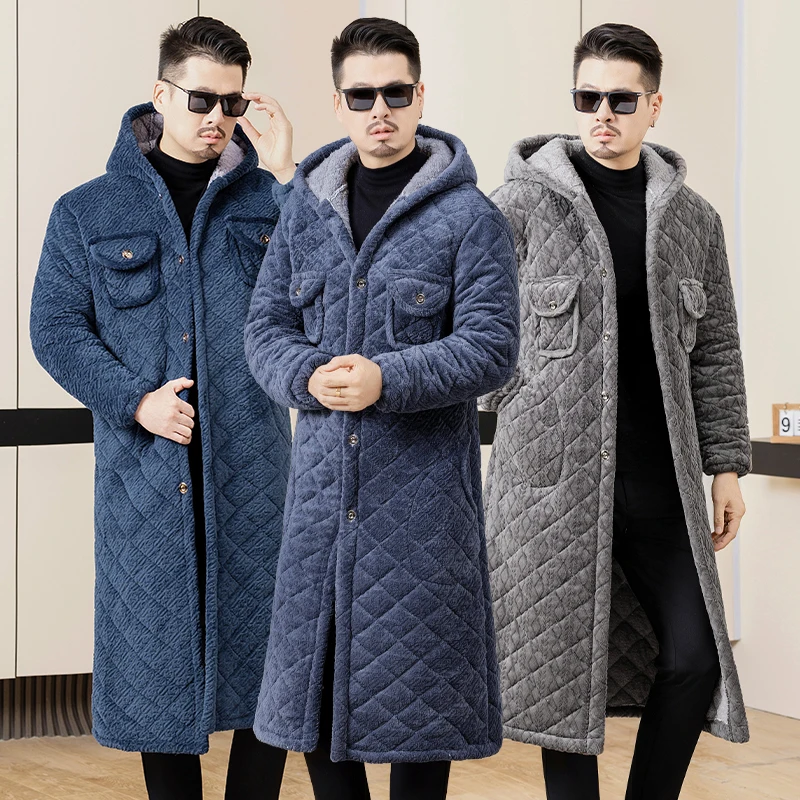 سترة قطنية رجالية للمنزل، معطف عمل مبطن بالفرو، طويل بغطاء للرأس، أنيق وعصري بأسلوب المدينة، مناسب للأعمال والملابس غير الرسمية #5